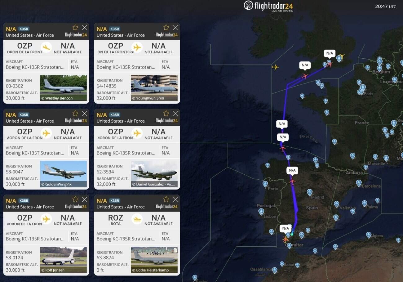 Карта Flightradar24 з польотами літаків US Air Force, що обминають Іспанію