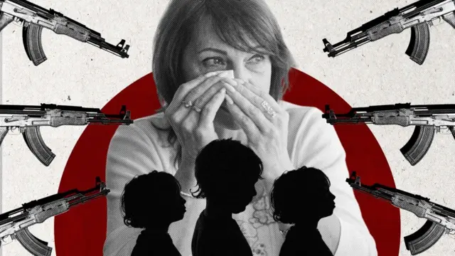 Жінка в жаху від силуетів школярок з автоматами на тлі хвилі насильства в школах Росії