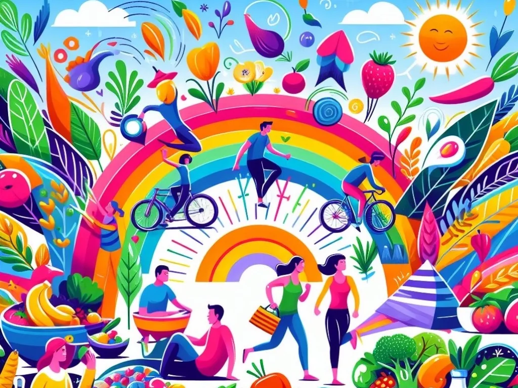 Люди біжать, їздять на велосипедах та їдять овочі під веселкою, символізуючи звички проти інфаркту.