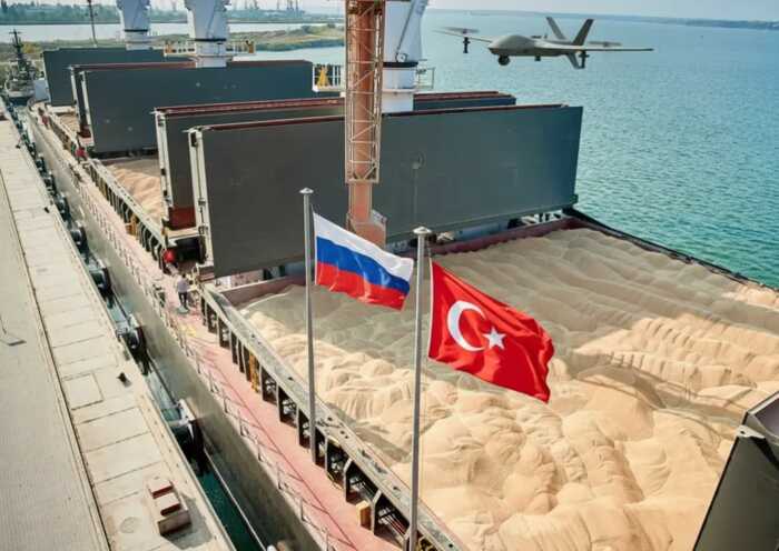 Корабель з пшеницею з Маріуполя під прапорами РФ і Туреччини з дроном Сарич