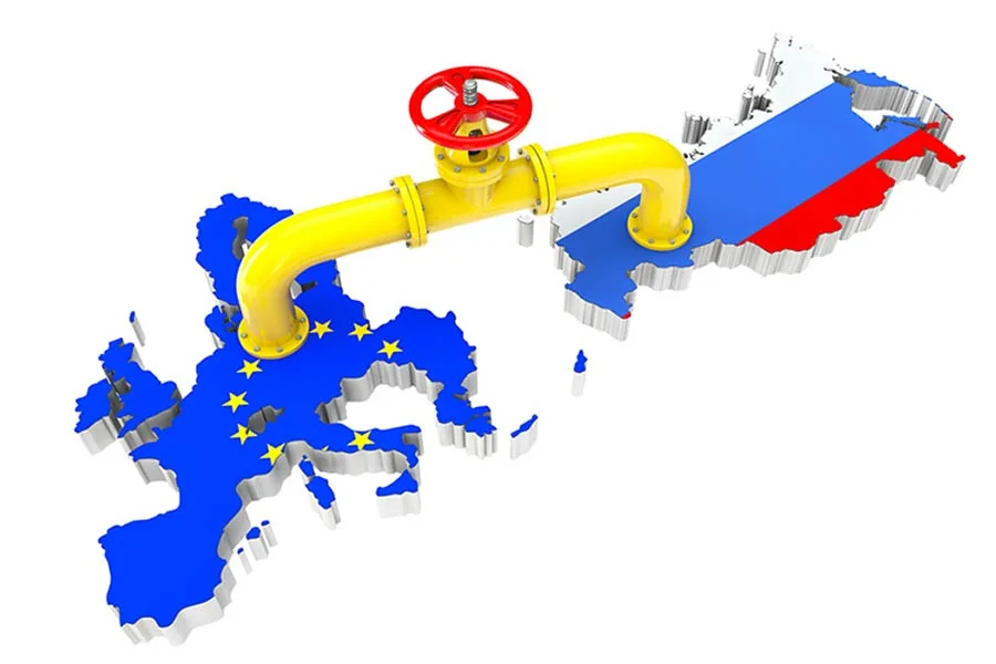 Газопровід від Росії до Європи з червоним вентилем на тлі карт країн