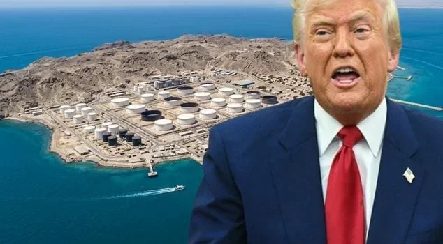 Дональд Трамп на тлі нафтових сховищ Ормузької протоки проти Ірану