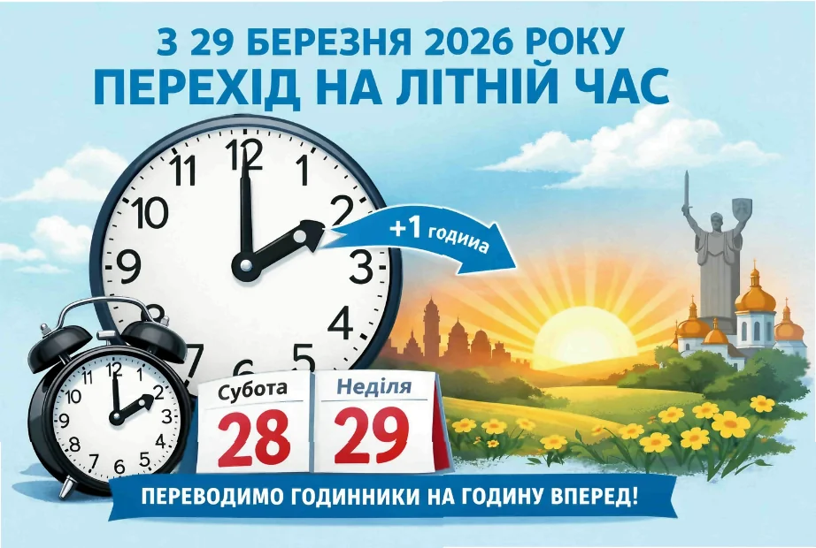 Перехід на літній час в Україні 29 березня 2026: годинники вперед на годину, календар.