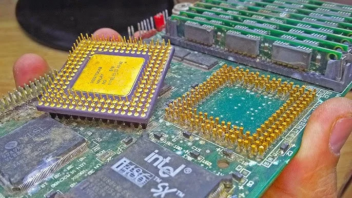 Золоті контакти процесора Intel на платі старого ноутбука