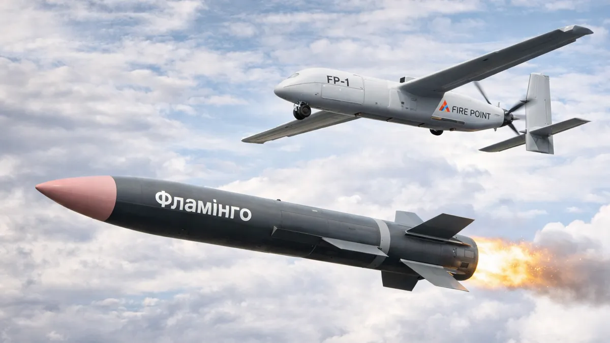 Ракета «Фламінго» та БПЛА FP-1 FirePoint у польоті на тлі неба