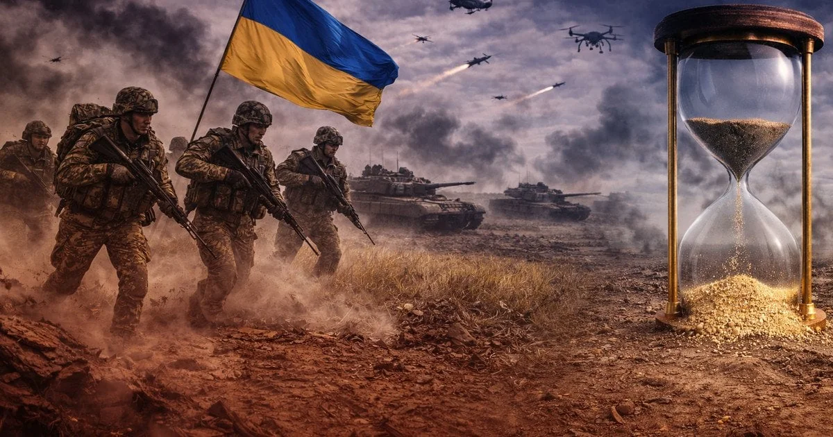 Українські захисники з прапором йдуть у бій біля пісочного годинника війни