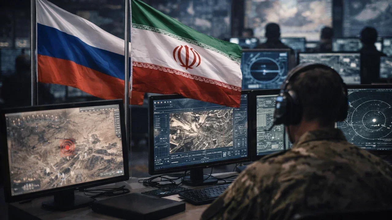 Військовий оператор з прапорами Росії та Ірану моніторить екрани в центрі керування