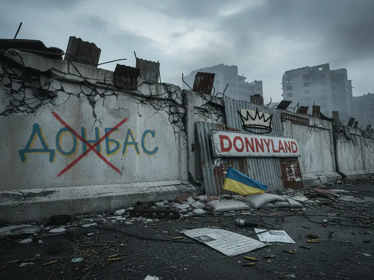 Перекреслений графіті «Донбас» поруч з вивіскою «Донніленд» на зруйнованій стіні