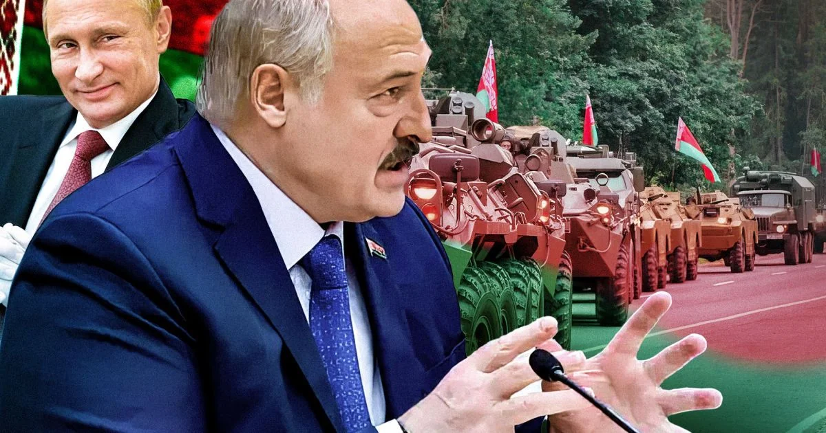 Олександр Лукашенко з Путіним на тлі білоруської бронетехніки