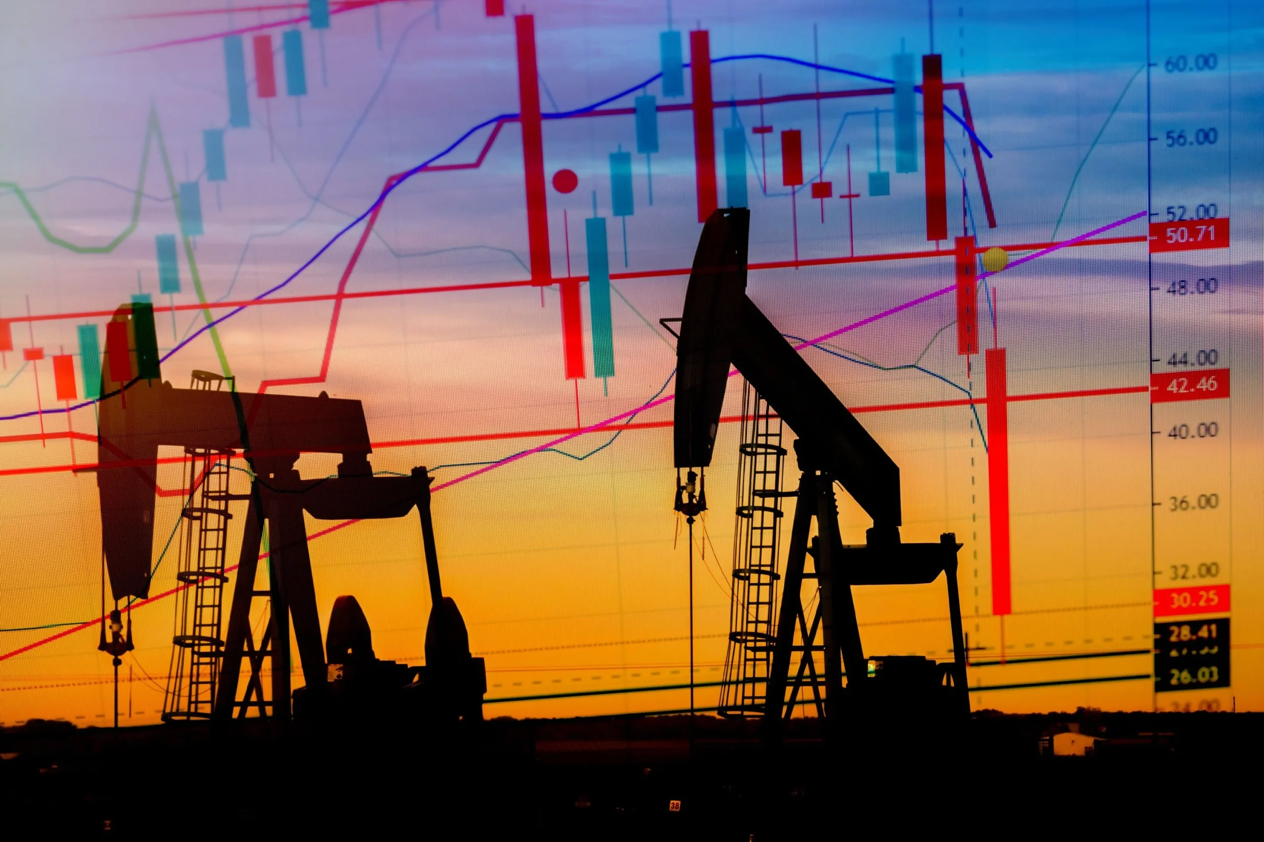 Силуети нафтових вишок на тлі графіка зростання цін Brent до 90 дол. за прогнозом Goldman Sachs
