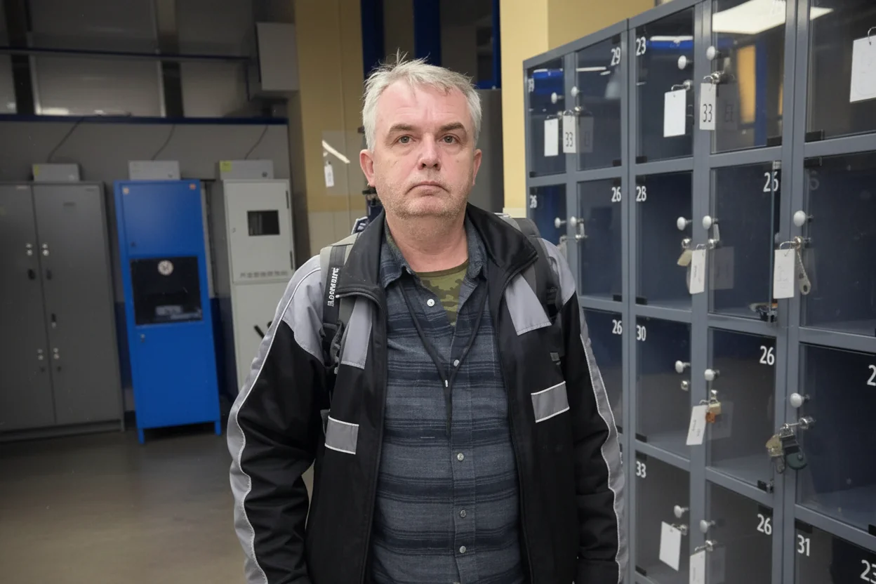 Голосеевский стрелок стоит перед металлическими шкафчиками в полицейской раздевалке