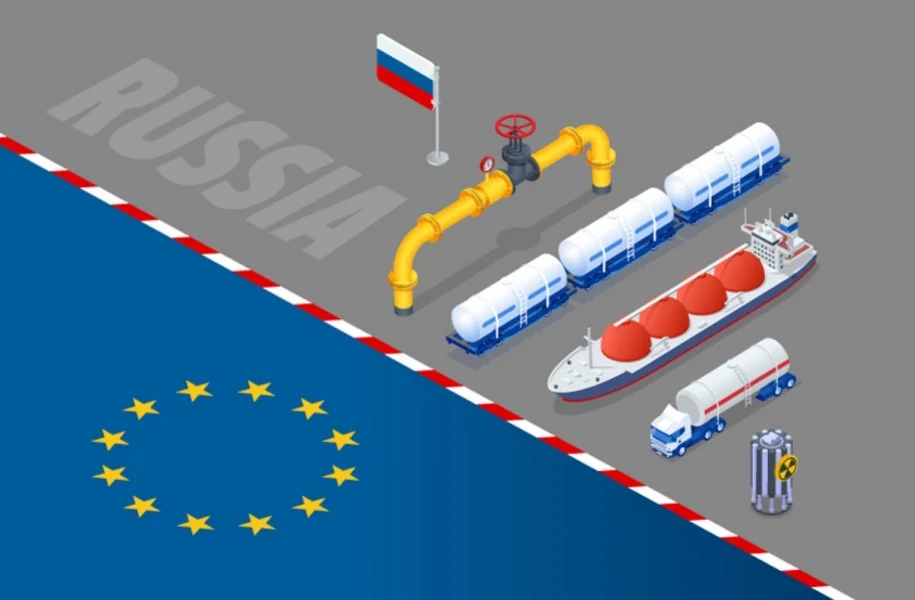 Імпорт СПГ з Росії до ЄС: танкер, цистерни, газопровід на тлі прапорів РФ та Євросоюзу