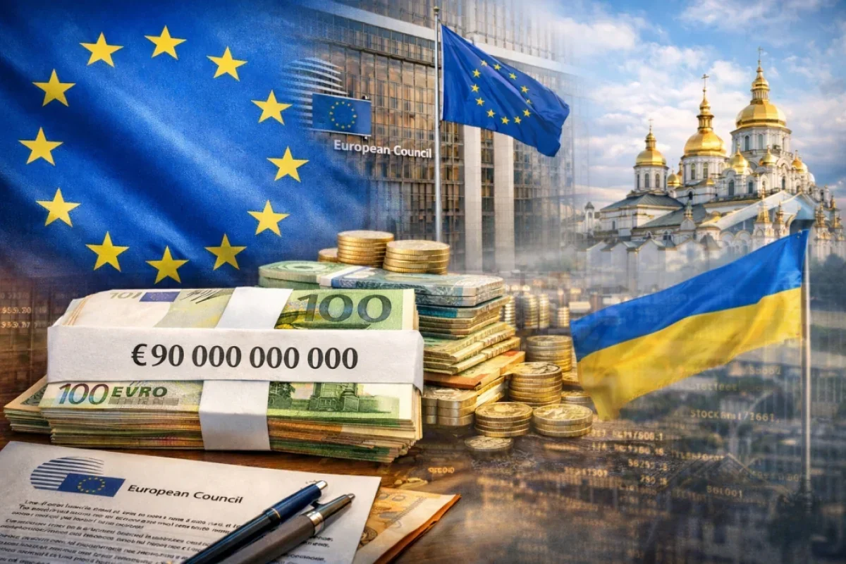 90-млрд кредит ЄС Україні: стопка євро з прапорами Союзу та України на тлі куполів.