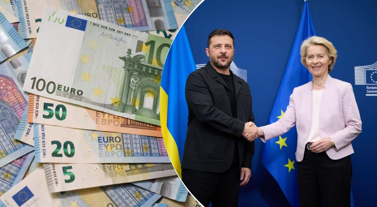 Володимир Зеленський тисне руку Урсулі фон дер Ляєн перед прапорами України та ЄС з купою євро