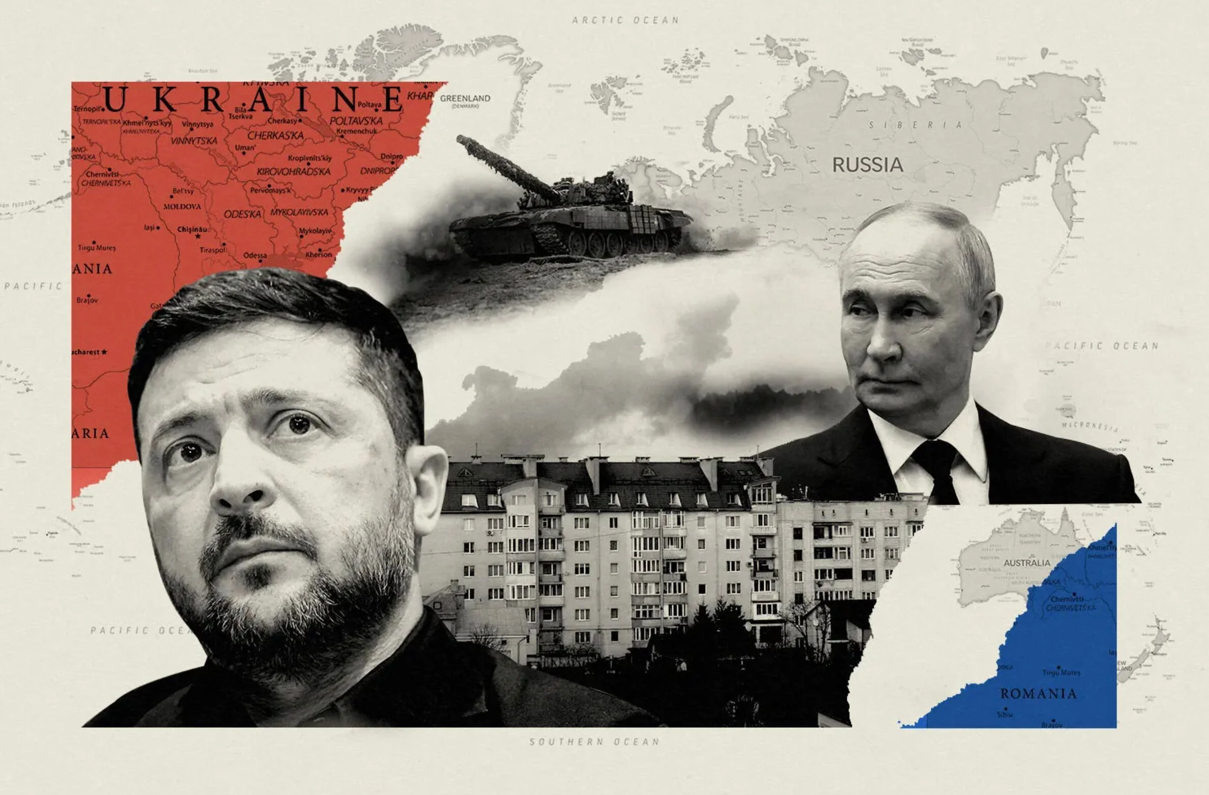 Європа між Зеленським і Путіним на тлі карти з танком над Україною