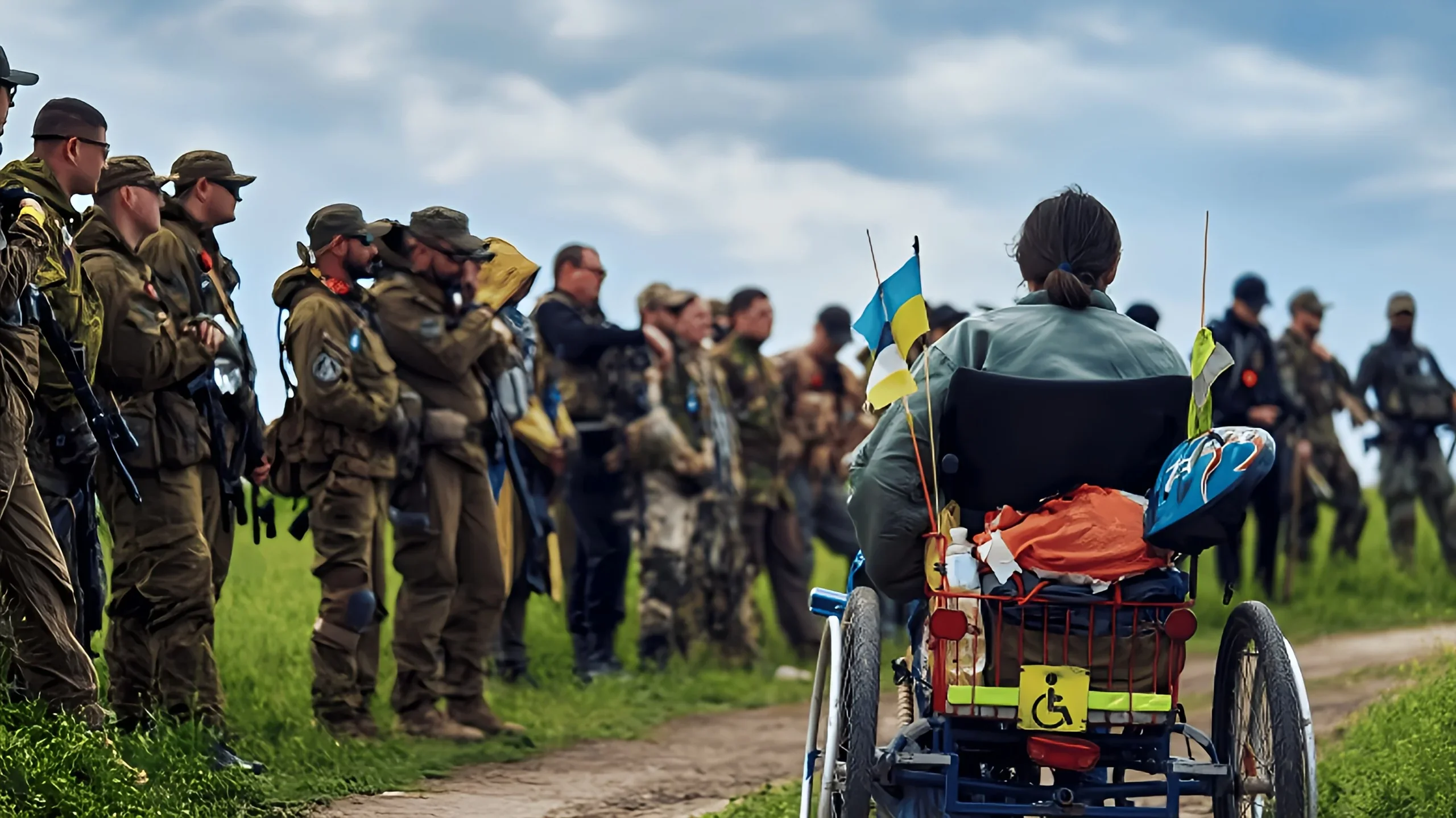 Жінка в інвалідному візку серед українських військових під час мобілізації