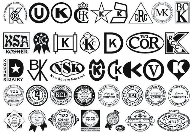 Символи кошерної сертифікації: OU, Star-K, OK, K та інші для дозволеної їжі