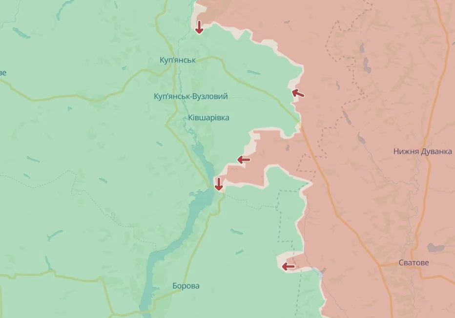 Карта Купянського напрямку з червоними стрілками загроз логістиці поблизу Купянська