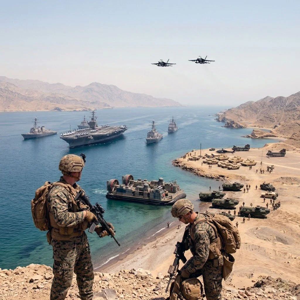 Морпіхи США з видом на авіаносець і кораблі Сьомого флоту в Ормузькій протоці