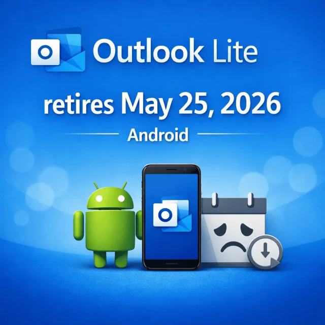 Outlook Lite припиняє роботу на Android 25 травня 2026: логотип, робот, смартфон, календар і сумний годинник