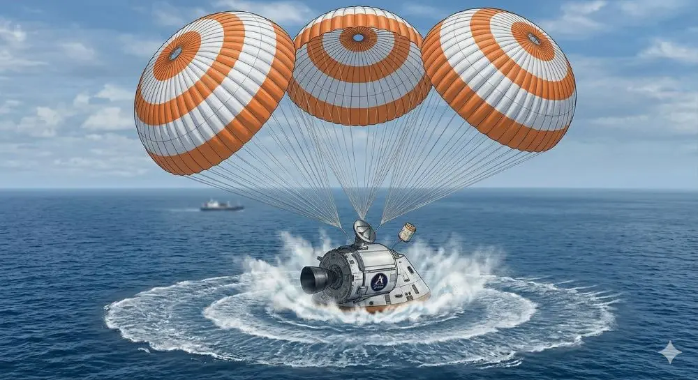 "Самый опасный этап Artemis II": возвращение астронавтов Капсула Orion Artemis II с парашютами опускается в океан во время возвращения астронавтов