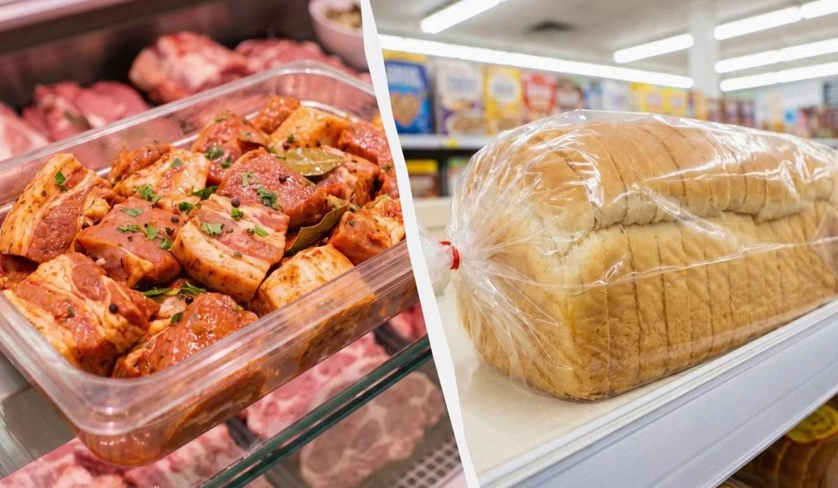 Нарізаний хліб у пакеті та мариноване мясо в контейнері на полицях супермаркету