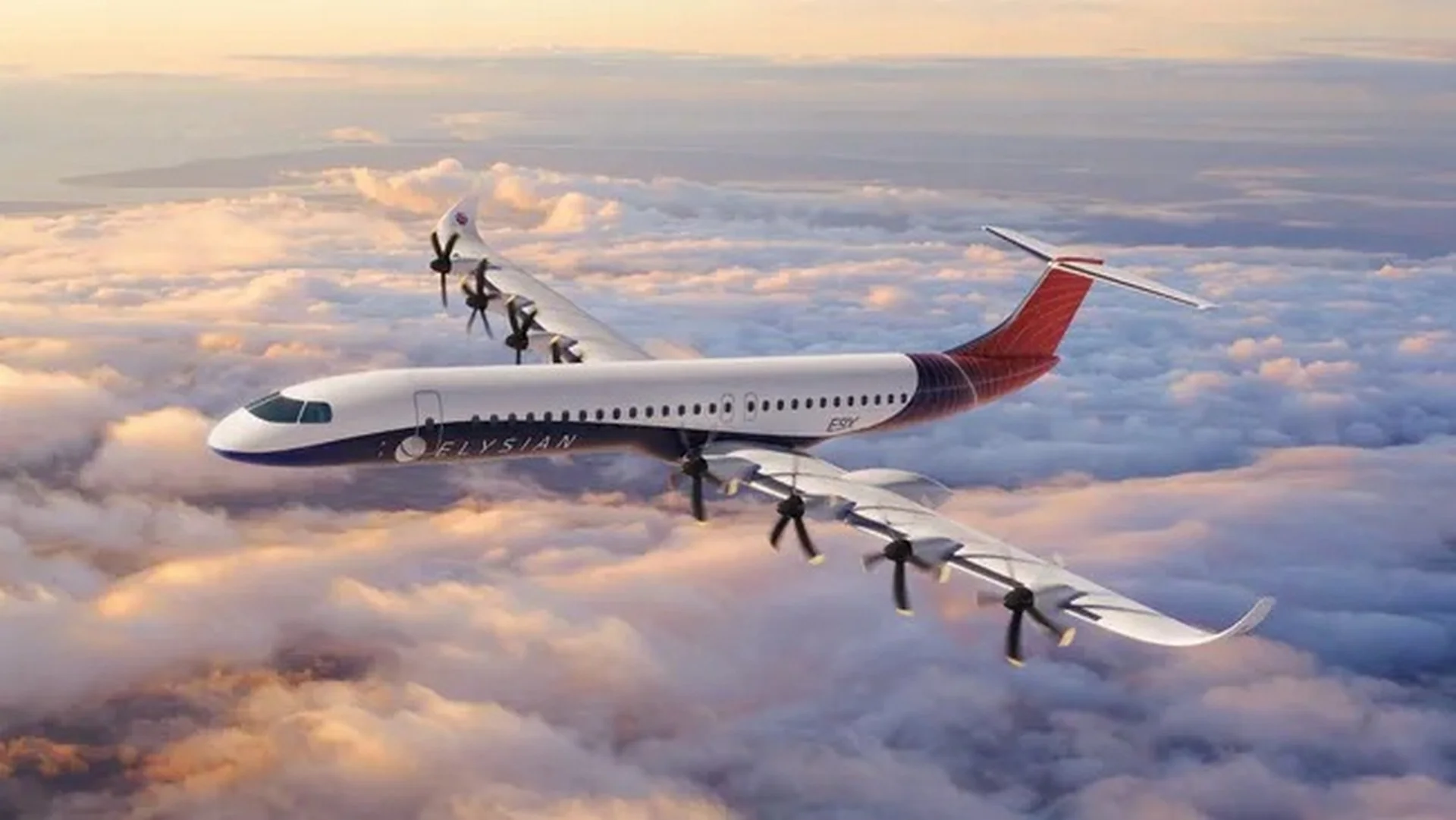 Електролітак E9X з шістьма двигунами від Elysian Aircraft у польоті над хмарами
