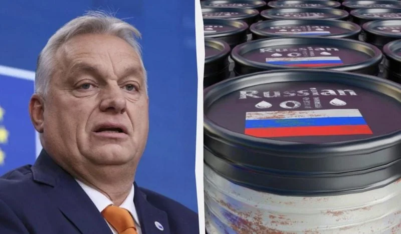 Віктор Орбан на тлі бочок російської нафти щодо санкцій ЄС