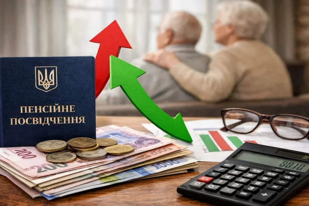 Пенсійне посвідчення, гривні та стрілки зростання середньої пенсії до 7236 грн
