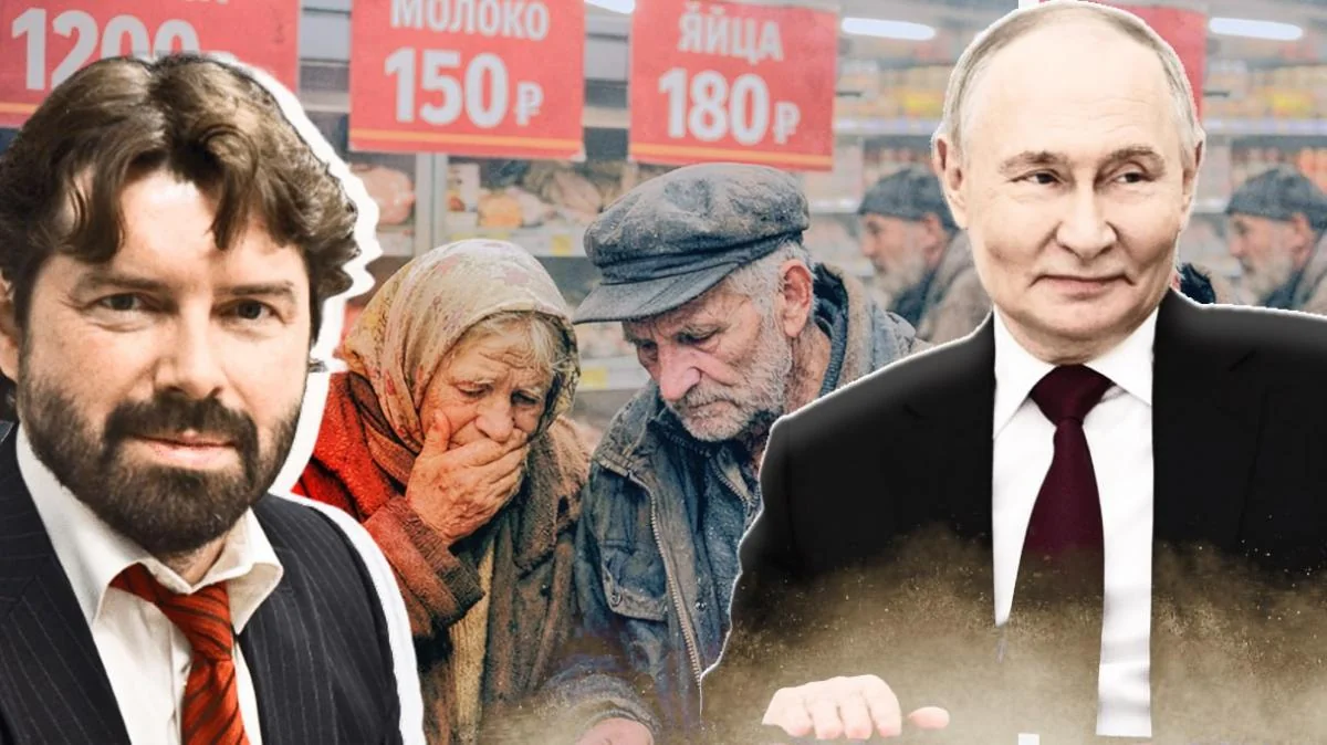 Максим Орешкин и Путин на фоне советских очередей за продуктами в плановой экономике