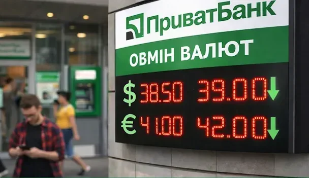 Банкомат ПриватБанку з курсами долара 38,50-39 грн та євро 41-42 грн зі стрілками вниз