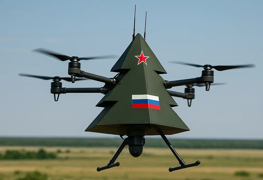 Російська Ялинка – дрон проти FPV-дронів ЗСУ з прапором РФ у польоті
