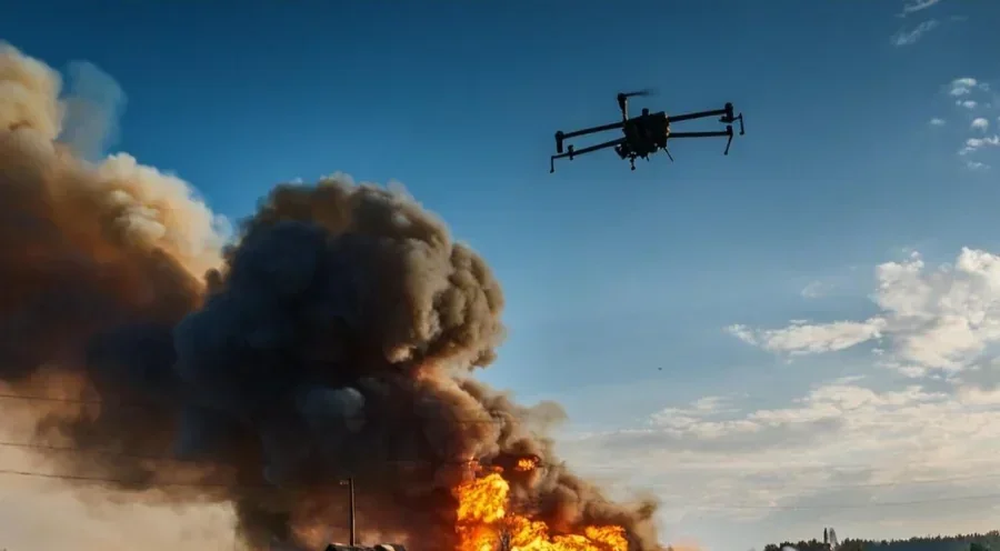 Российские дроны ударили по Никополю: 5 погибших, 19 раненых Российский FPV-дрон над пожаром от удара по Никополю
