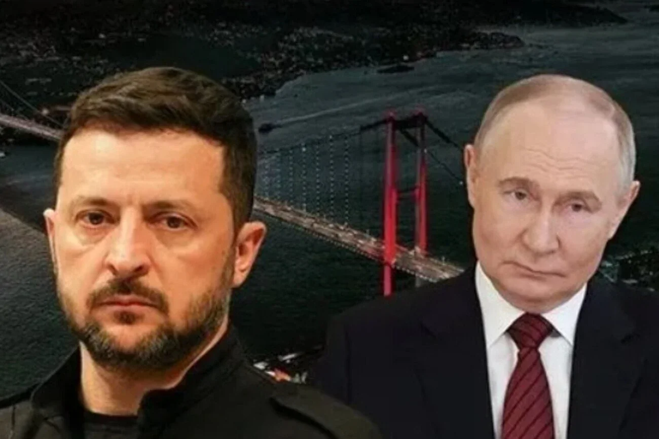 Володимир Зеленський та Володимир Путін на тлі Босфорського мосту в Туреччині