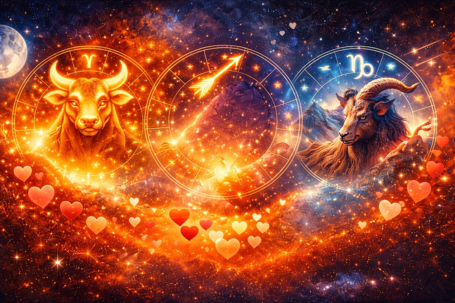 Знаки Зодіаку Телець, Стрілець, Козоріг з сердечками кохання на зоряному фоні