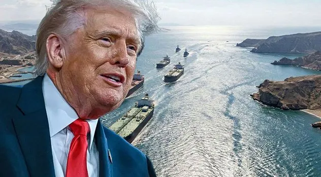 Дональд Трамп на фоне Ормузского пролива с танкерами во время 48-часового ультиматума Ирану