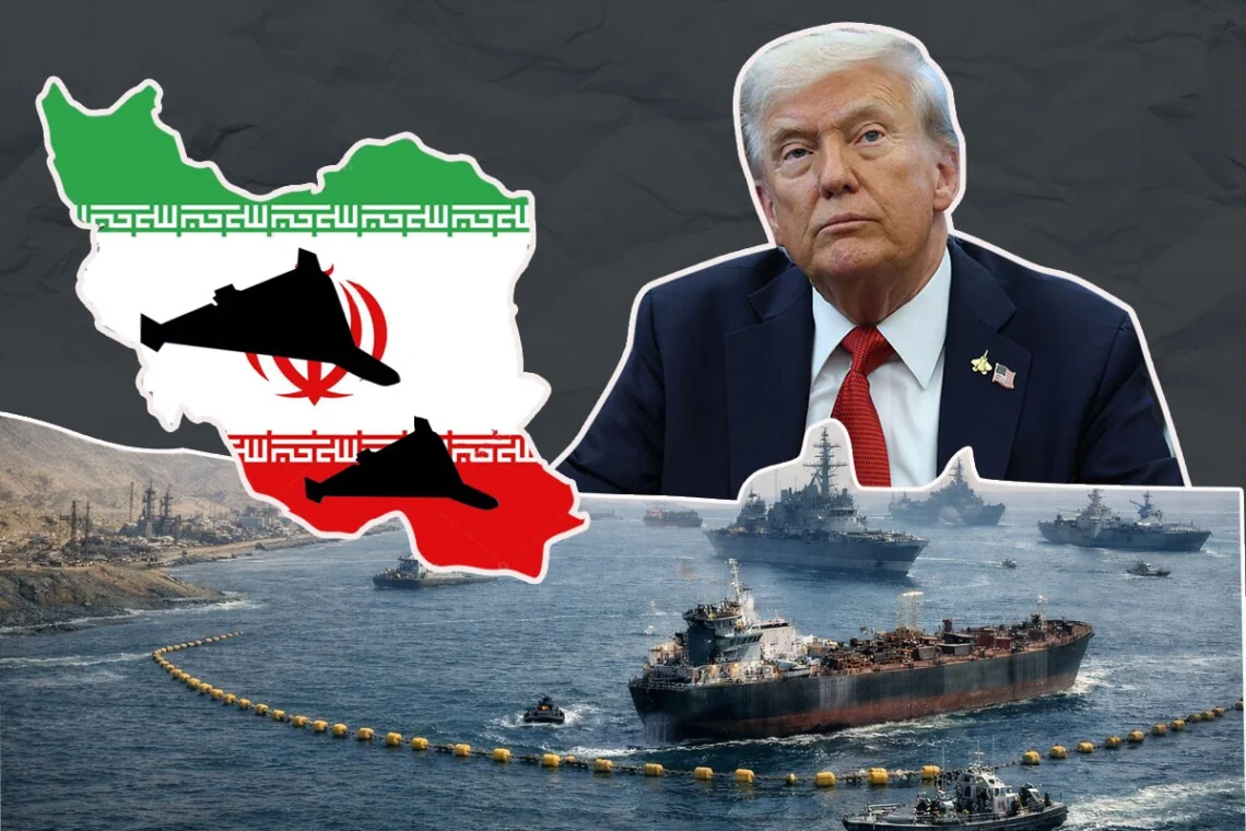 Дональд Трамп поряд з прапором Ірану та морською блокадою портів з кораблями