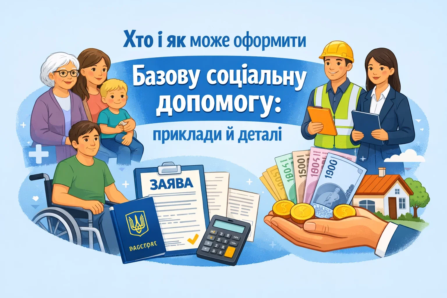 Ілюстрація отримувачів базової соцдопомоги: сімї, пенсіонери, інваліди з грішми та документами.