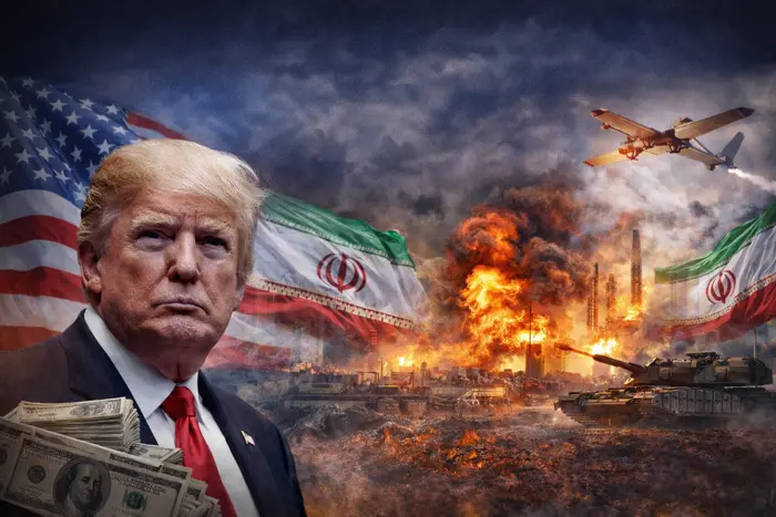Дональд Трамп з пачкою доларів на тлі війни США з Іраном, вибухів та прапорів