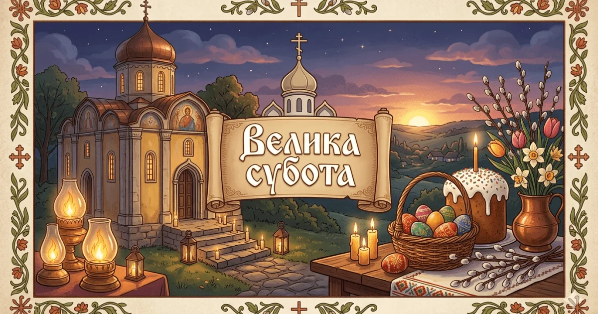 Велика субота: храм з паскою, крашанками, вербою та свічками на заході сонця.
