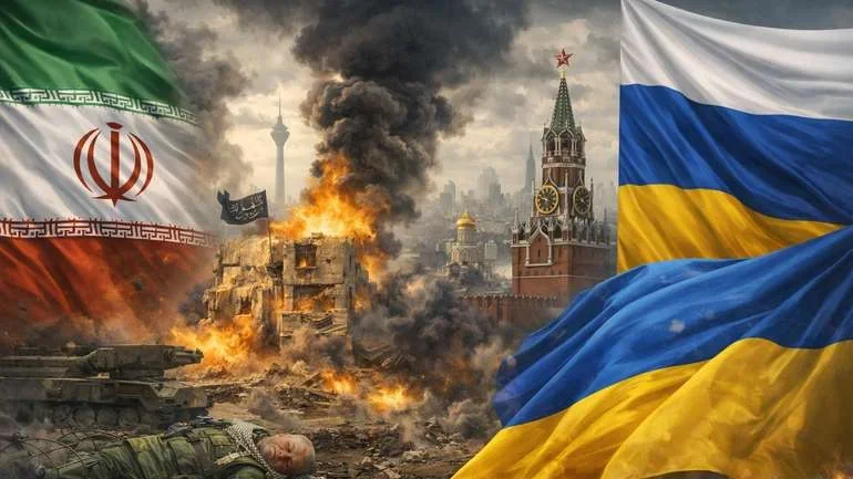 Прапори Ірану, Росії та України серед воєнних руйнувань і палаючого Кремля