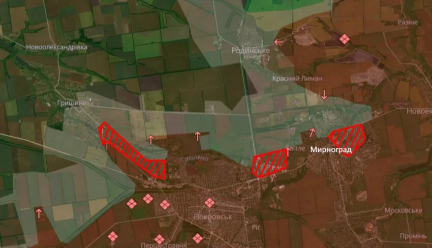 Карта просування ворога поблизу Покровська та Мирнограда на Донецькому напрямку