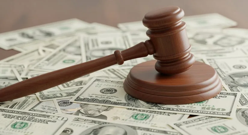 Судовий молоток на доларових купюрах символізує позов Ощадбанку проти Росії на мільярд