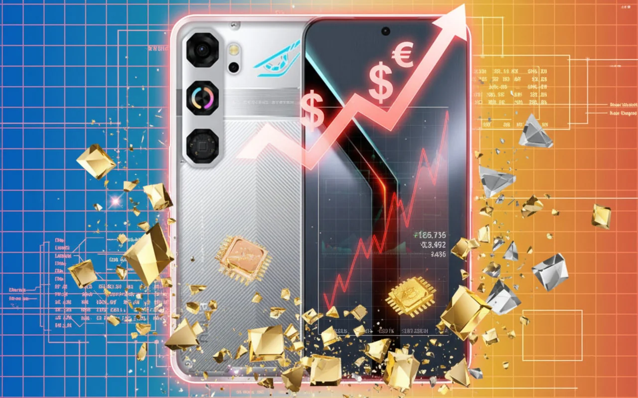 Android-смартфони Samsung та ROG Phone з графіками зростання цін долара й євро