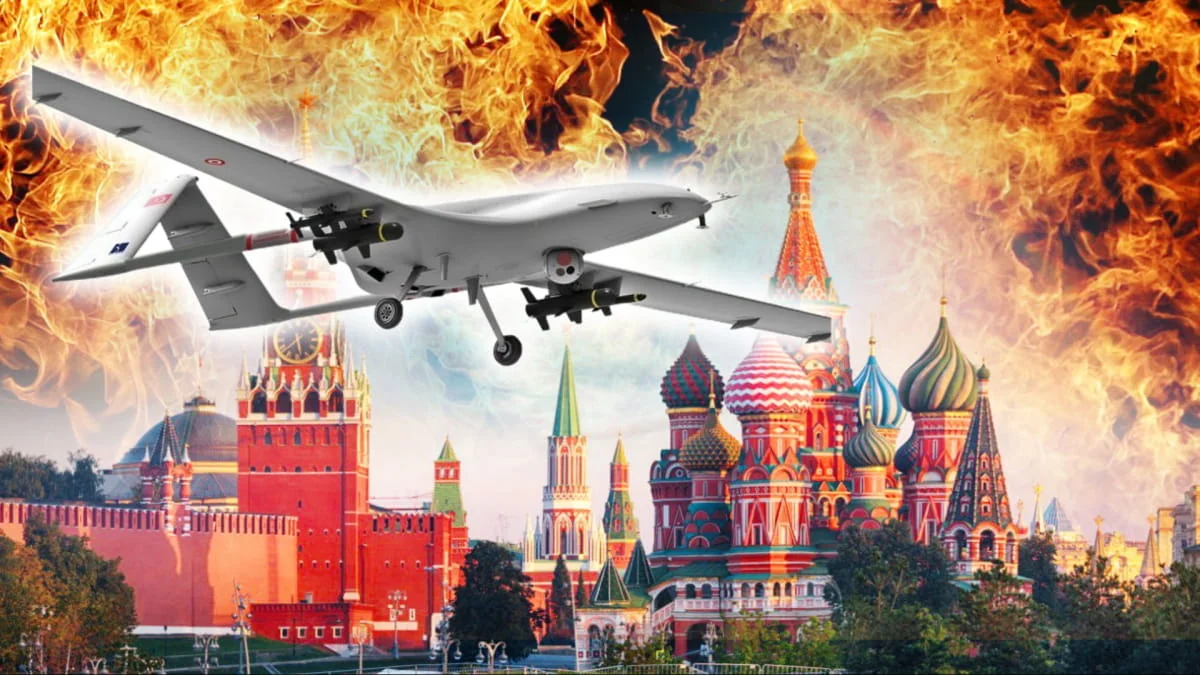 Безпілотник атакує Москву над Кремлем і собором Василія Блаженного з полум’ям