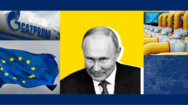 Володимир Путін на тлі Газпрому, прапора ЄС та газопроводів
