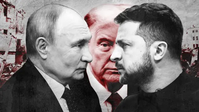 Путін, Трамп і Зеленський у протистоянні на тлі руїн війни за мир в Україні