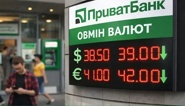 Курси долара та євро на табло обміну валют ПриватБанку