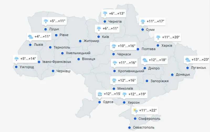 Карта прогнозу погоди в Україні на вихідні: дощі, похолодання до +15°...+25°