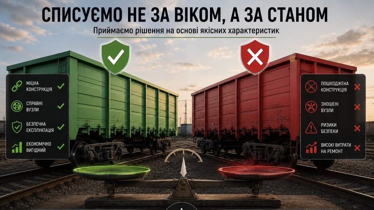 Порівняння справного зеленого та пошкодженого червоного вантажних вагонів за технічним станом